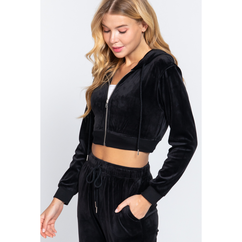 Long Slv Velour Hoodie Crop Jacket - Picture 3 of 7